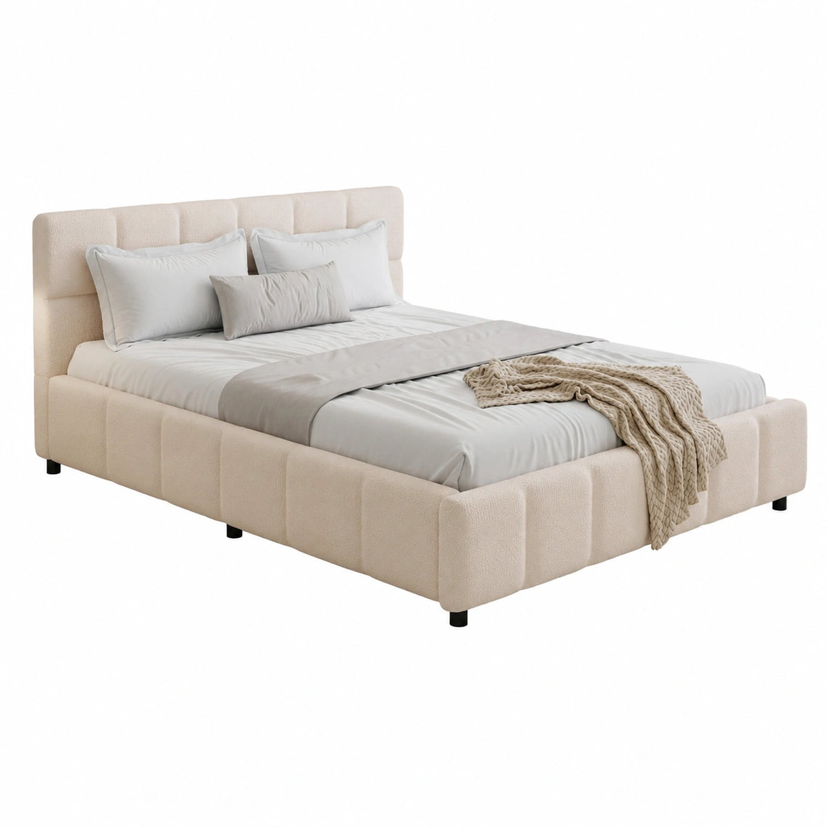 Lit, avec sommier, en métal et tissu bouclette, coloris beige, 140 x 200 cm, pour la chambre
