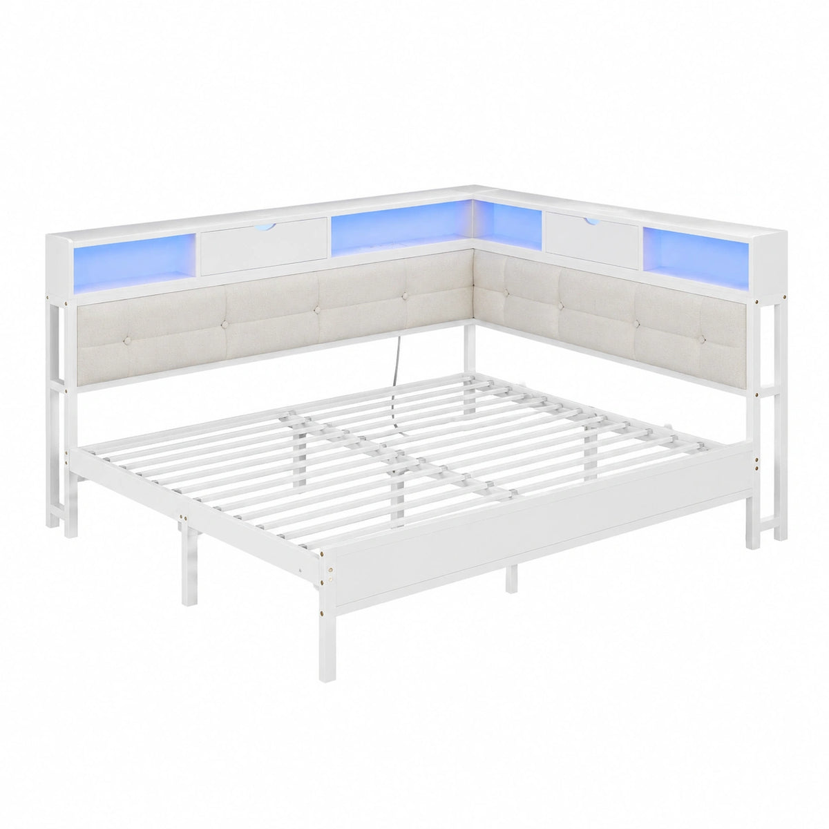 Canapé convertible, réglable, avec rangement, avec éclairage LED, coloris beige, 140 x 190 cm, pour le salon ou la chambre d’amis