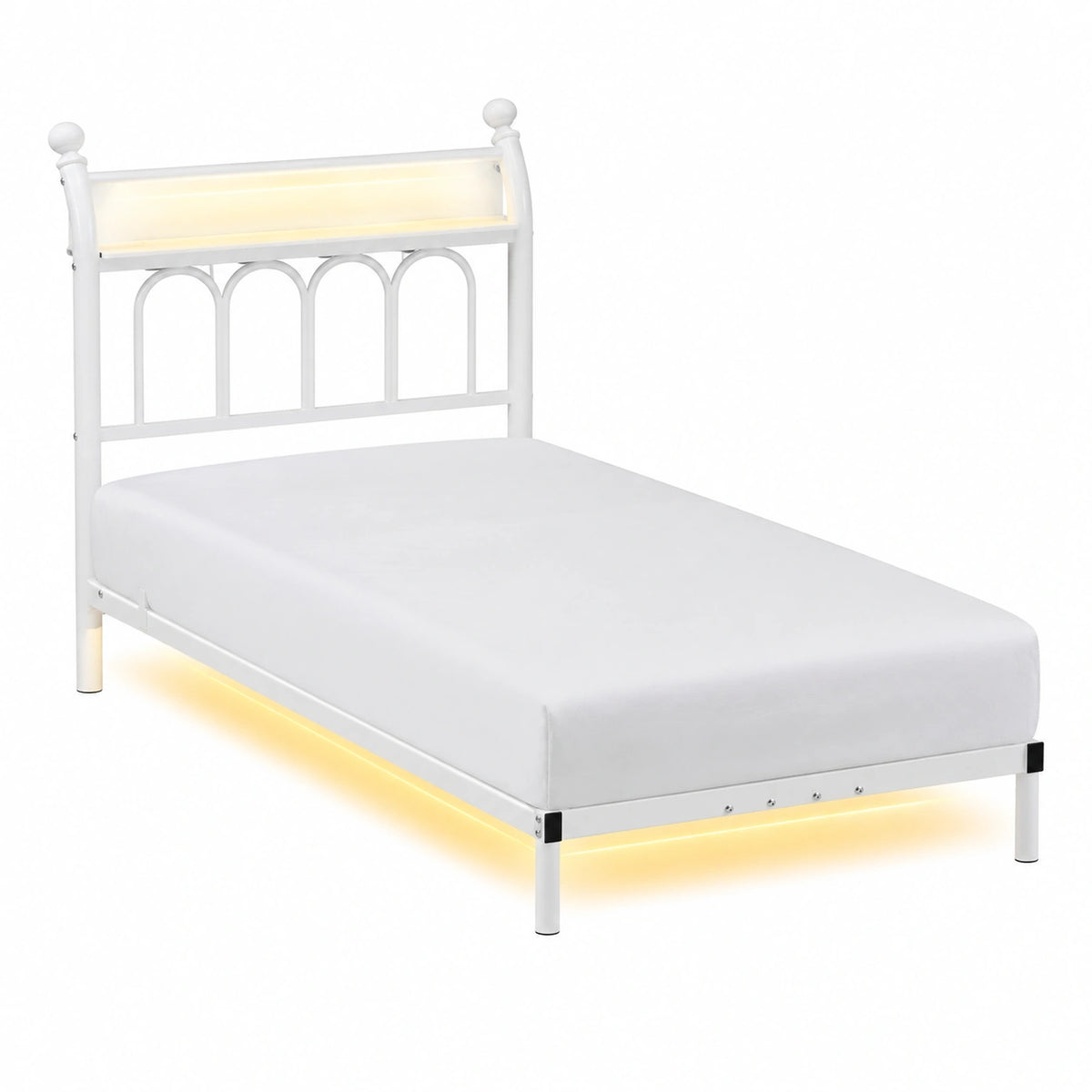 Lit, avec étagères, avec éclairage LED, avec sommier, en métal, 90 x 200 cm, pour la chambre