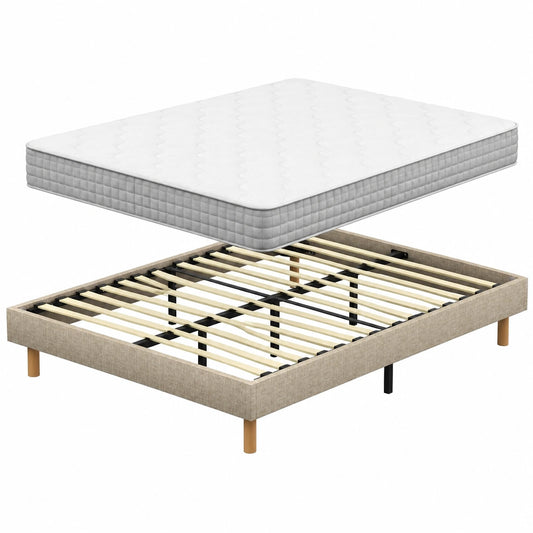 Lit, 2 places, avec sommier, coloris beige, 140 x 190 cm, pour la chambre