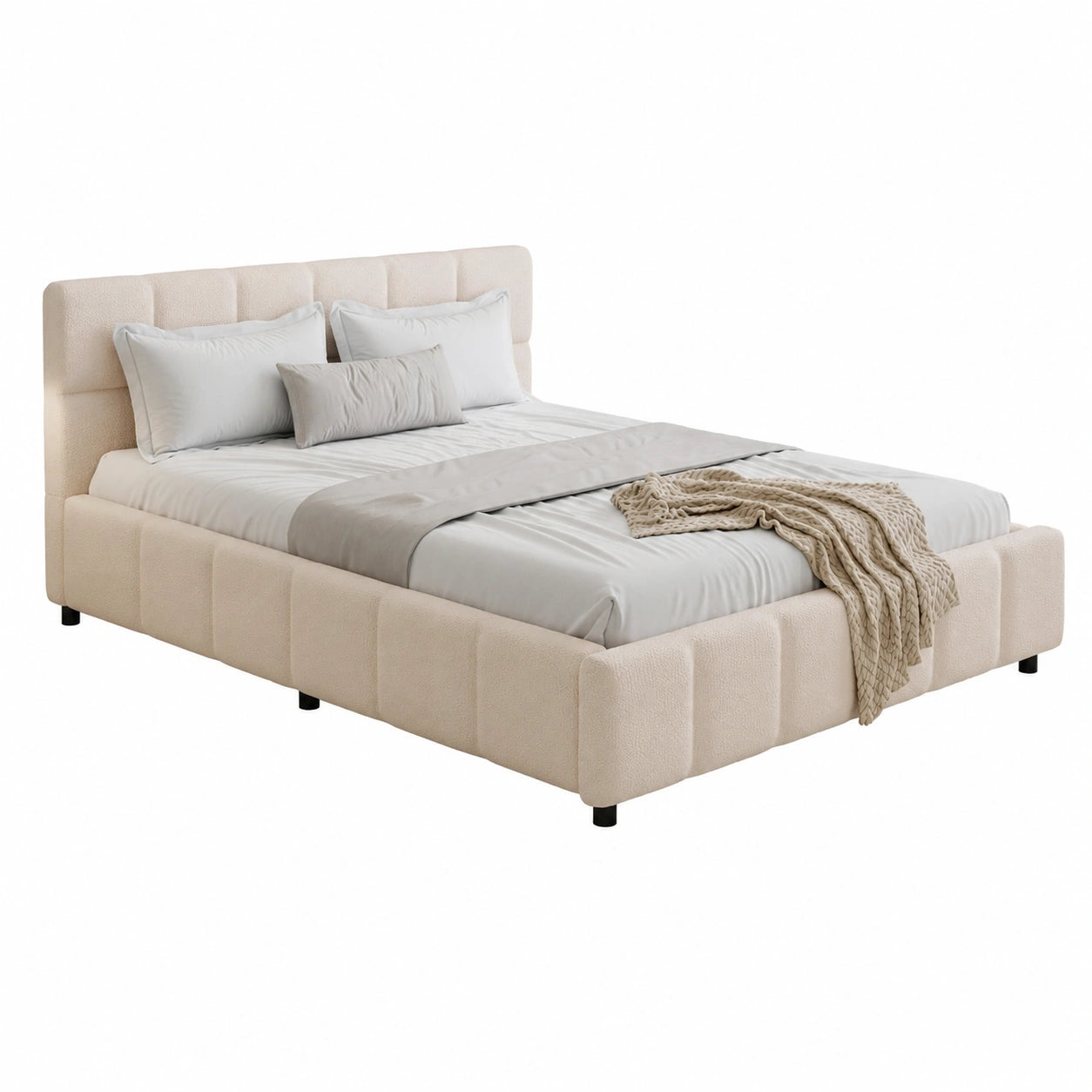 Lit, avec sommier, en métal et tissu bouclette, coloris beige, 140 x 200 cm, pour la chambre