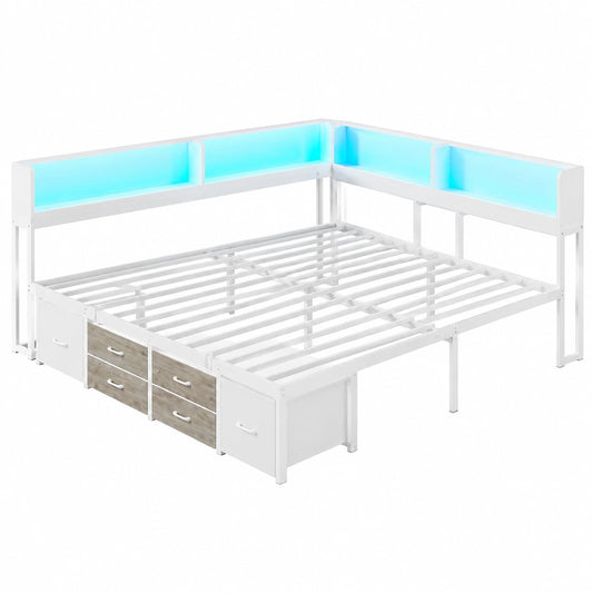 Canapé convertible, en métal, avec tiroirs, avec éclairage LED, avec prise intégrée, coloris blanc, 140 x 190 cm, pour le salon ou la chambre d’amis