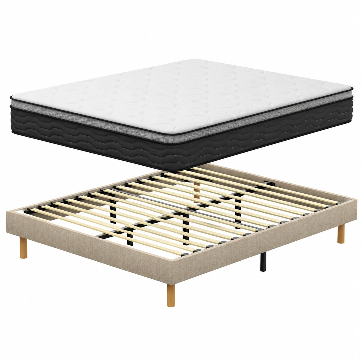 Lit, 2 places, avec sommier, coloris beige, 140 x 190 cm, pour la chambre