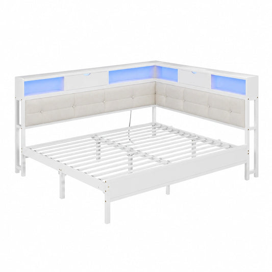 Canapé convertible, réglable, avec rangement, avec éclairage LED, coloris beige, 140 x 190 cm, pour le salon ou la chambre d’amis