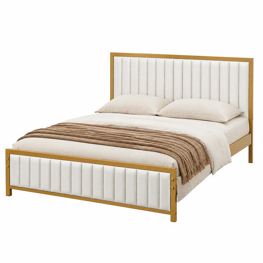 Lit, en métal, avec sommier, rembourré, coloris beige, 140 x 200 cm, pour la chambre