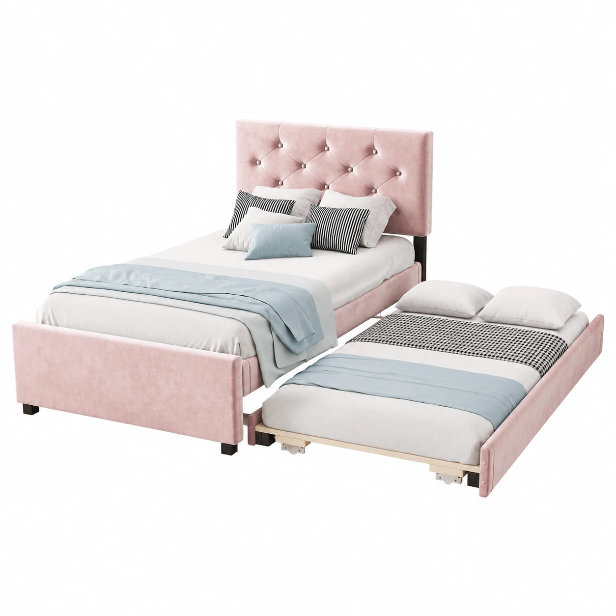 Lit, avec sommier, rembourré, en velours, coloris rose, 90 x 200 cm, pour la chambre